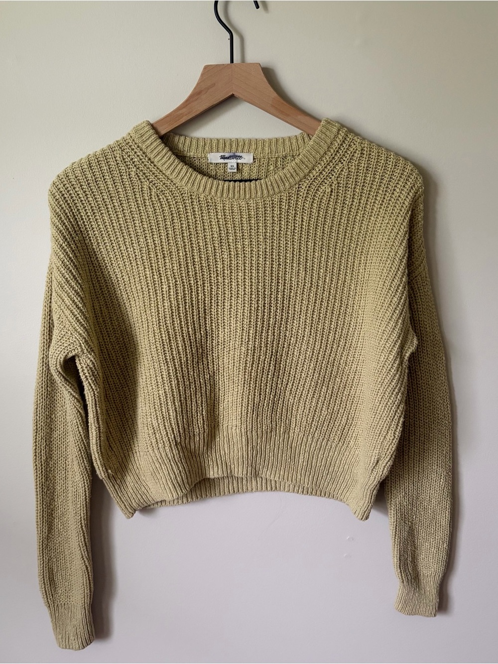 Cropped Knit Crewneck Sweater in Sage Green